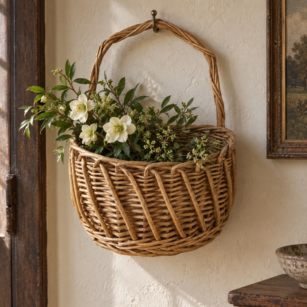 Vintage Wicker Wall Basket Hanging Gathering Basket English Cottage Decor